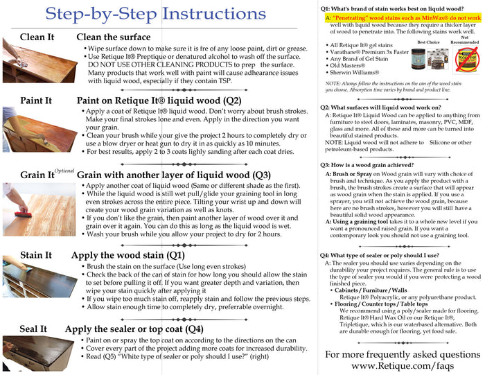 Retique It Gel Stain in Dark Oak, showing application instructions on a wooden surface with staining tools and sample wood.
