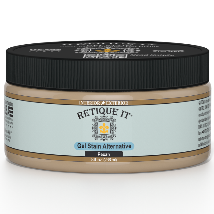 Retique It Gel Stain in Pecan, showcasing a smooth application on wood surface with rich, warm wood tone.