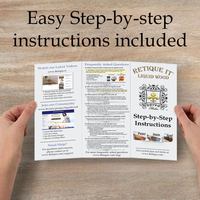 Retique It Gel Stain in Pecan shown with instruction book and hands applying stain to wood surface.