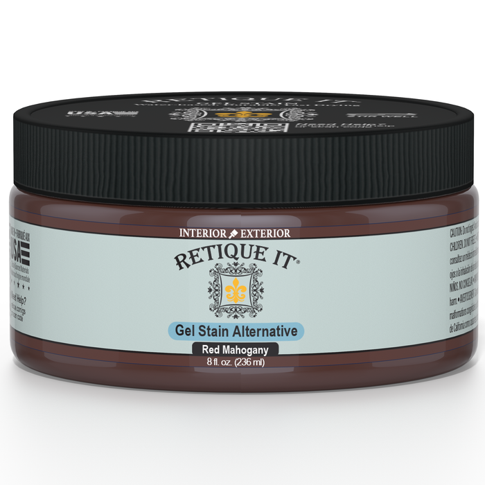 Retique It Red Mahogany gel stain applied to wood surface, showcasing deep rich color and smooth finish.