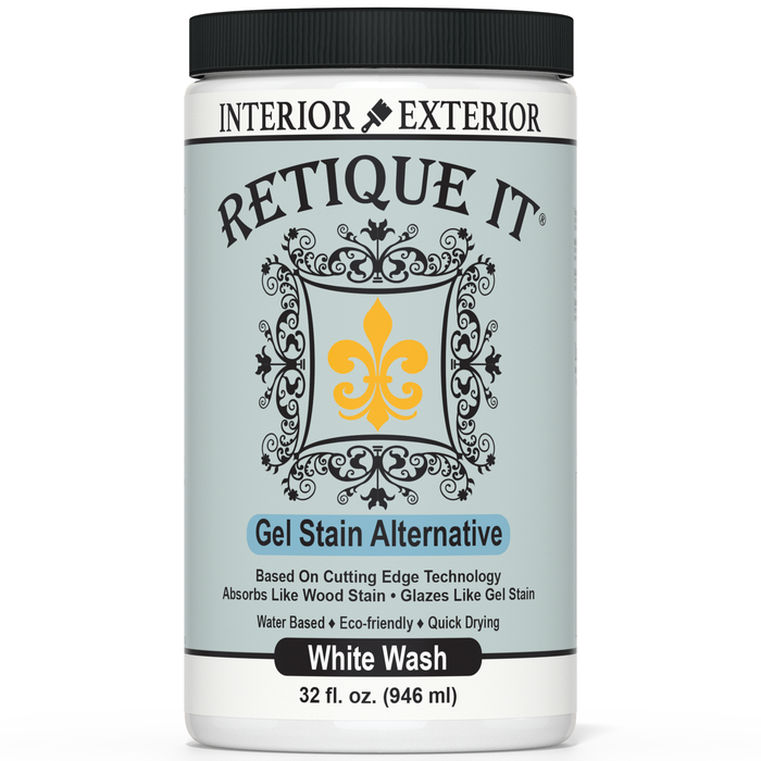 Retique It white wash gel stain applied to wood surface, showcasing a smooth, light finish for furniture or decor projects.