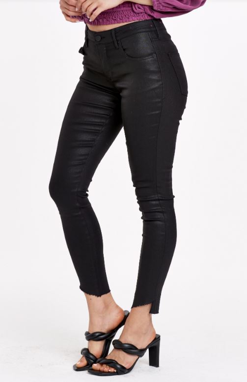 GISELE HIGH RISE ANKLE SKINNY PANTS BLACK COATED