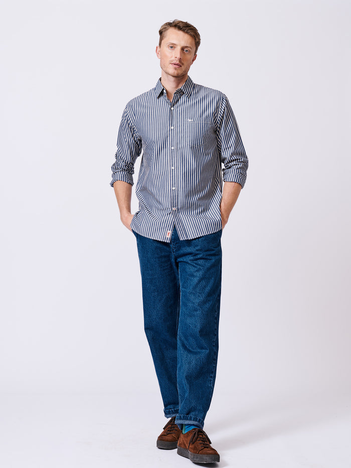 Aubin Blue/White Stripe Gladstone Poplin Shirt | Poplin Shirt