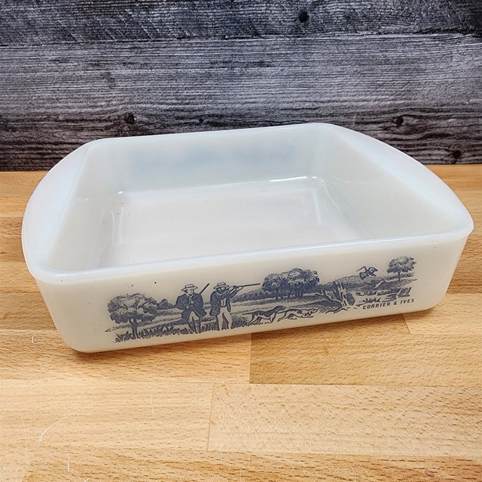 Glassbake Milk White Glass Hunter Currier & Ives J2288 Casserole Baking Pan