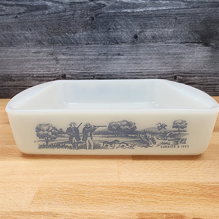 Glassbake Milk White Glass Hunter Currier & Ives J2288 Casserole Baking Pan