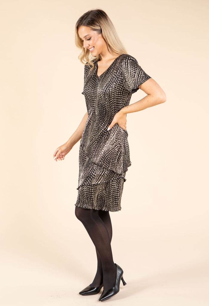 Gold Foil Detail Asymmetrical Tiered Plisse Dress