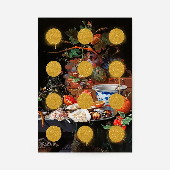 Gold Glitter Dots Still Life Print, quirky altered art print, unframed