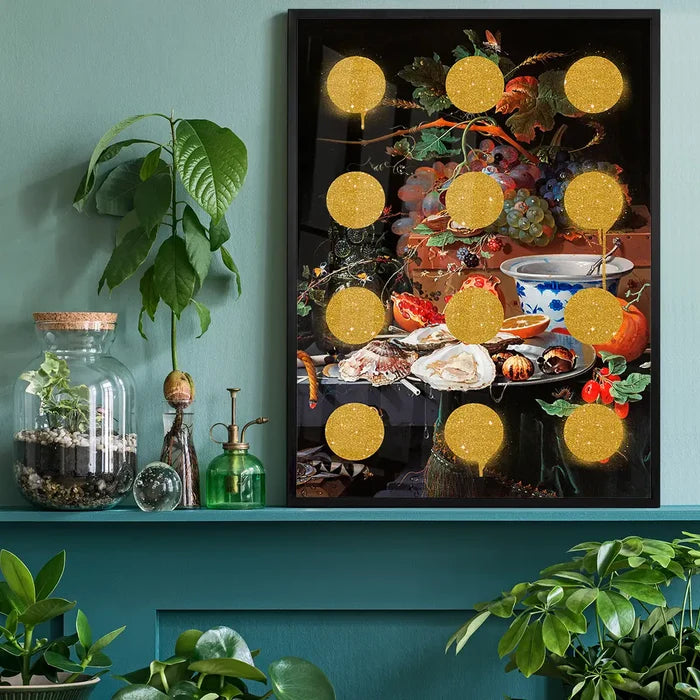 Gold Glitter Dots Still Life Print, quirky altered art print black framed on a living room shelf
