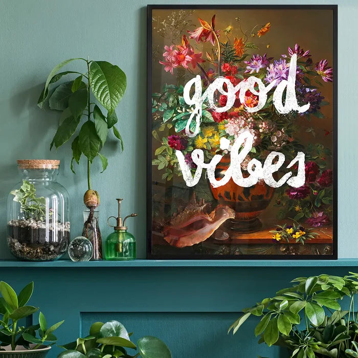 Good Vibes Floral Painting Altered Art Print, quirky altered art print black framed on a living room shelf