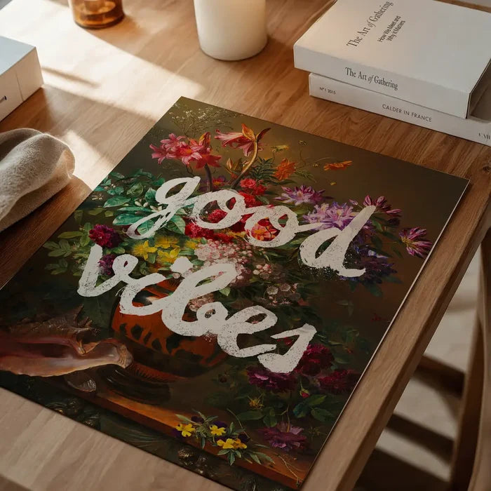 Good Vibes Floral Painting Altered Art Print, quirky altered art print unframed on a home office desk