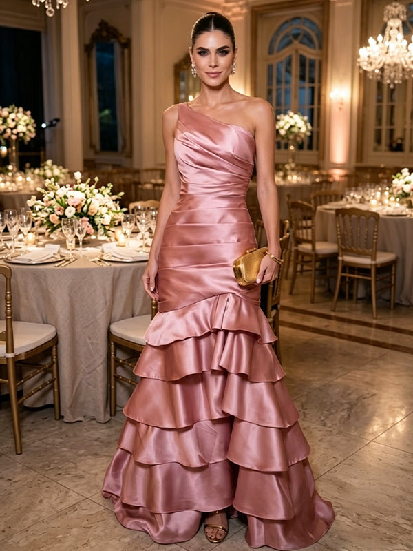 Gorgeous Pink One Shoulder Pleated Tiered Mermaid Evening Dress, Prom Dress, PD28231229