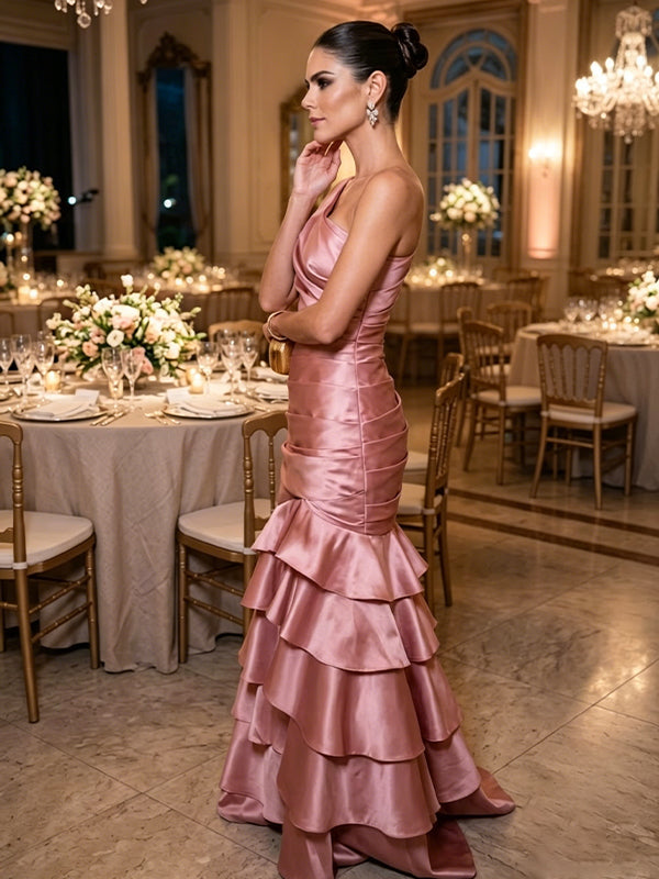 Gorgeous Pink One Shoulder Pleated Tiered Mermaid Evening Dress, Prom Dress, PD28231229