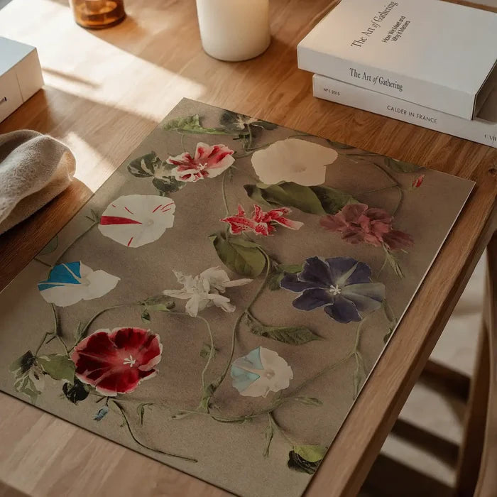 Group of Morning Glories Ogawa Kazumasa Flowers Print, Japanese woodblock print unframed on a home office desk