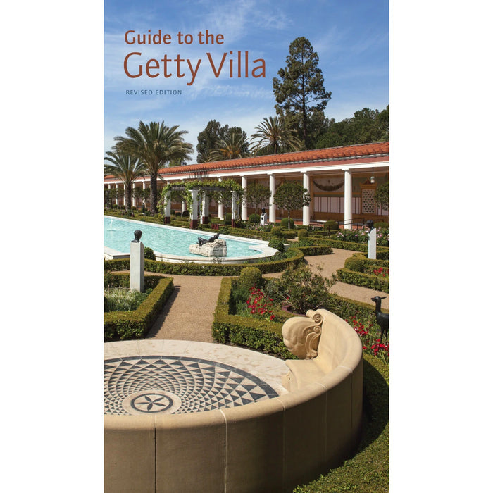 Cover of the 'Guide to the Getty Villa' book, showing the Getty Villa's garden and building with a clear sky in the background.