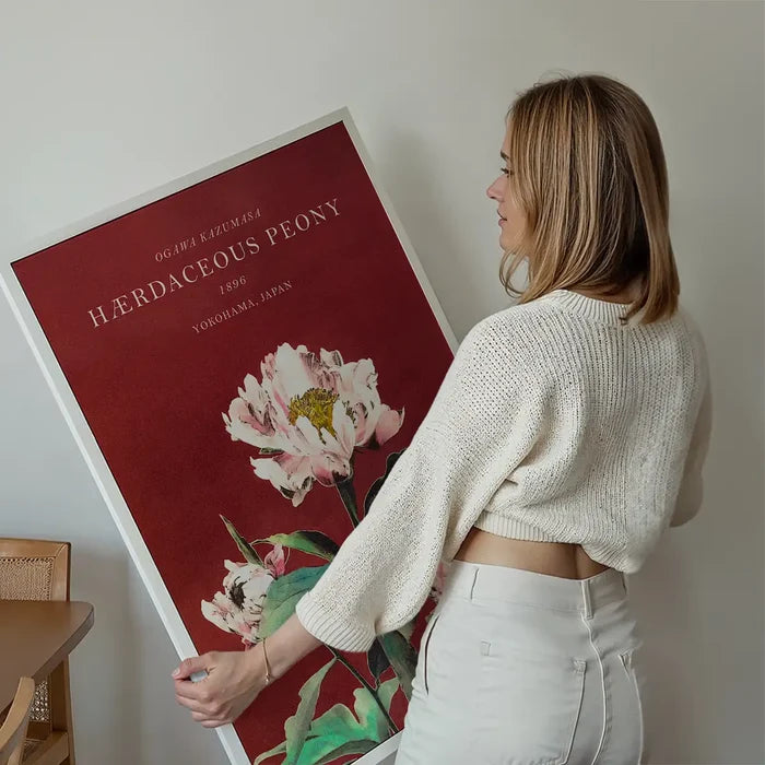 Hærdaceous Peony Ogawa Kazumasa Flowers Print held up against a living room wall