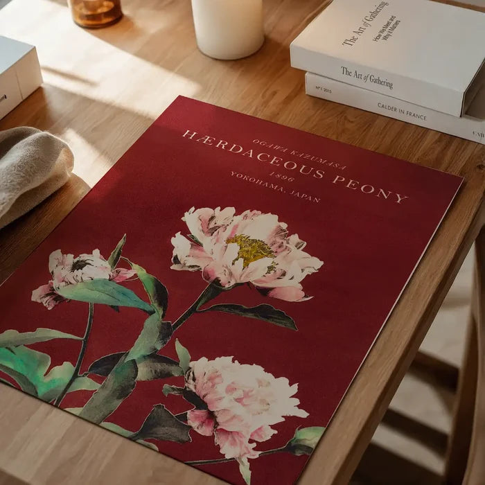 Hærdaceous Peony Ogawa Kazumasa Flowers Print, Japanese woodblock print unframed on a home office desk