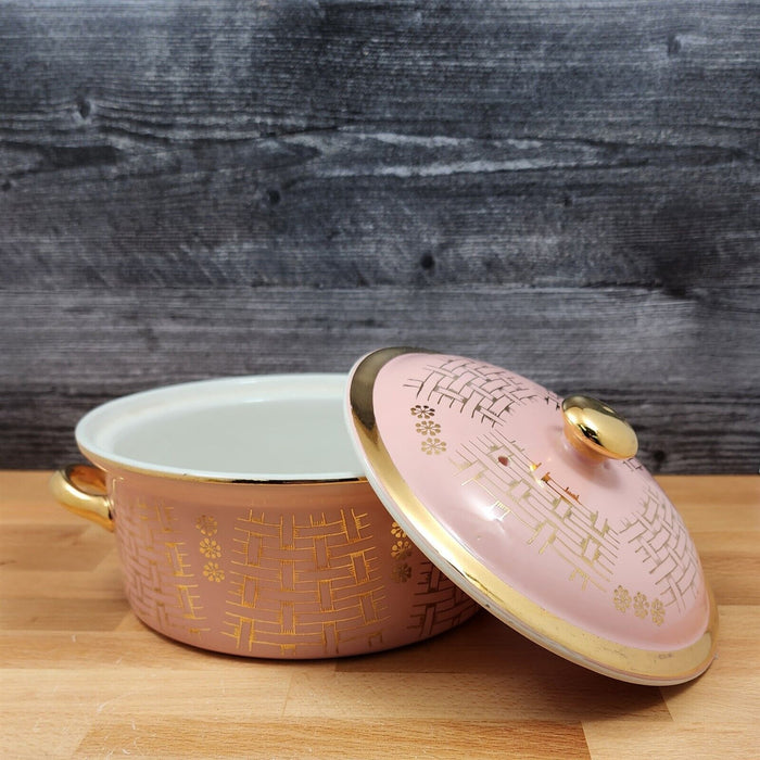 Hall Gold Label Pink Basket Weave Casserole Dish with Cover Lid 1.75 Qt Bowl #76