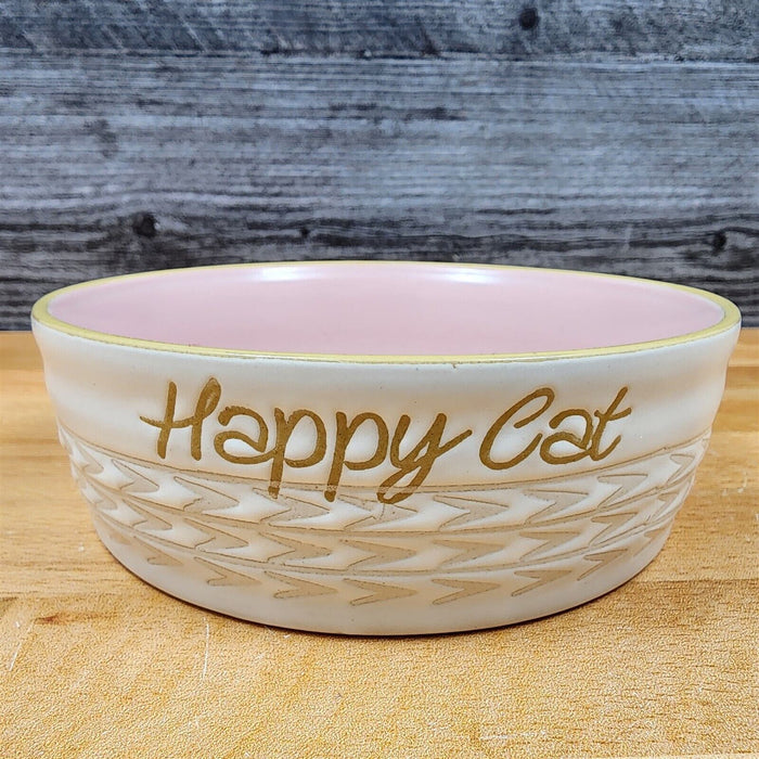 Happy Cat Water Food Bowl Set Embossed Treat Dish in Pink and White By Blue Sky