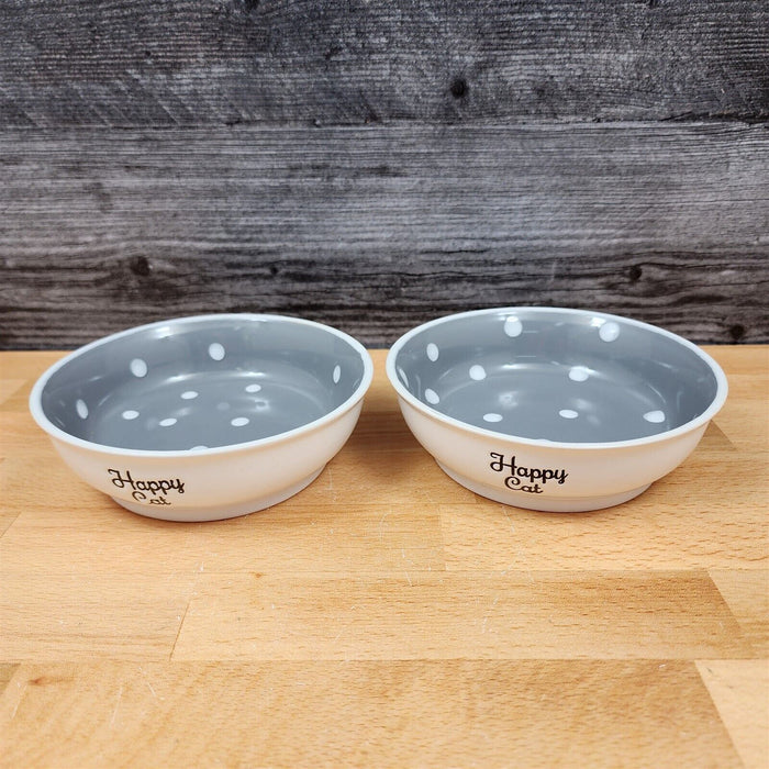Happy Cat Water Food Bowl Set Embossed Treat Dish With Grey White Polka Dots