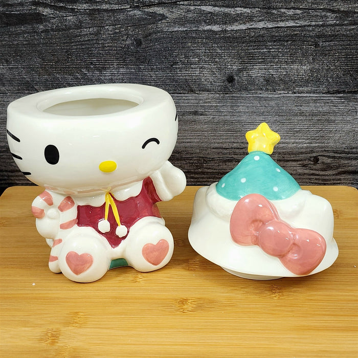 Hello Kitty Cookie Treat Snack Jar Candy Cane Christmas Classic Ceramic Blue Sky