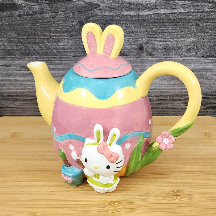 Hello Kitty Easter Teapot Bunny Painter Ceramic Egg Shaped Blue Sky Spring Decor