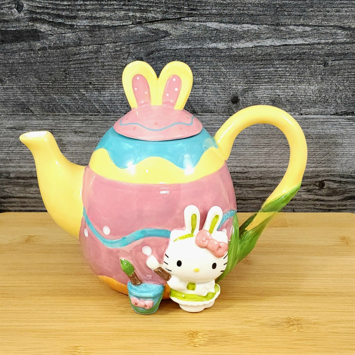 Hello Kitty Easter Teapot Bunny Painter Ceramic Egg Shaped Blue Sky Spring Decor