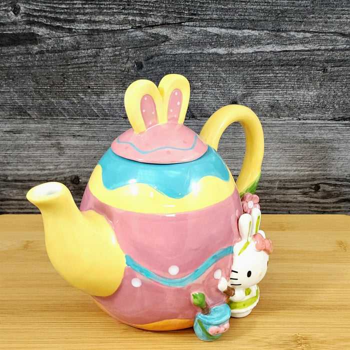 Hello Kitty Easter Teapot Bunny Painter Ceramic Egg Shaped Blue Sky Spring Decor
