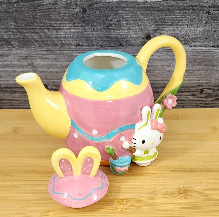 Hello Kitty Easter Teapot Bunny Painter Ceramic Egg Shaped Blue Sky Spring Decor