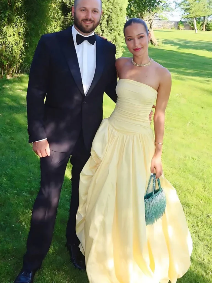 High Low Yellow Satin Long Prom Dresses, High Low Yellow Satin Formal Evening Dresses