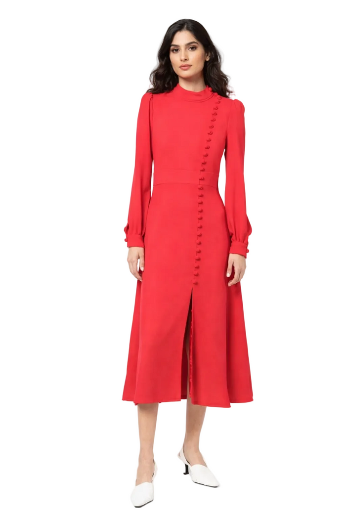 High-Neck Button-Detail Midi Dress – SCARLET