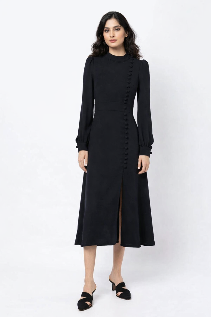 High-Neck Button-Detail Midi Dress – SCARLET