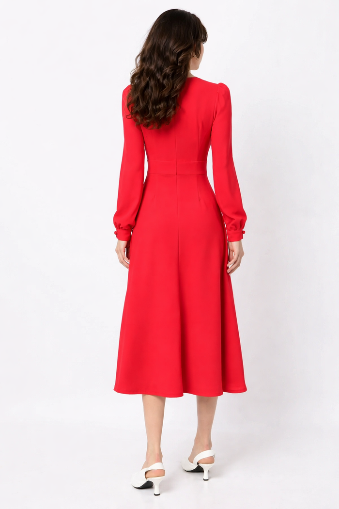 High-Neck Button-Detail Midi Dress – SCARLET