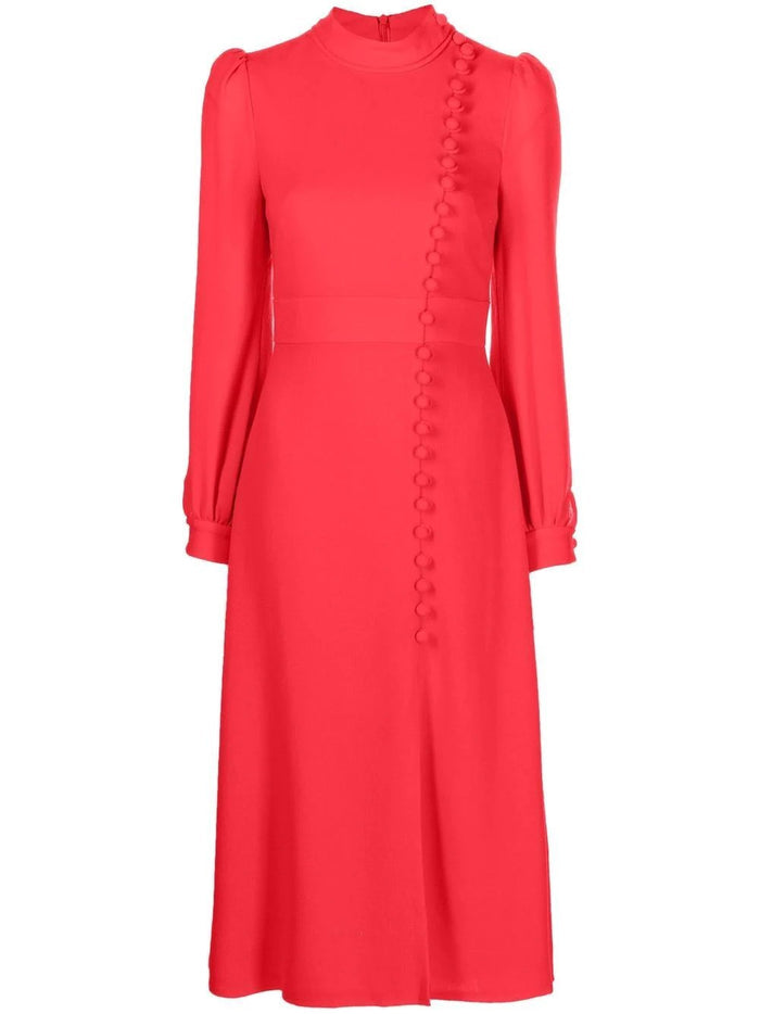 High-Neck Button-Detail Midi Dress – SCARLET
