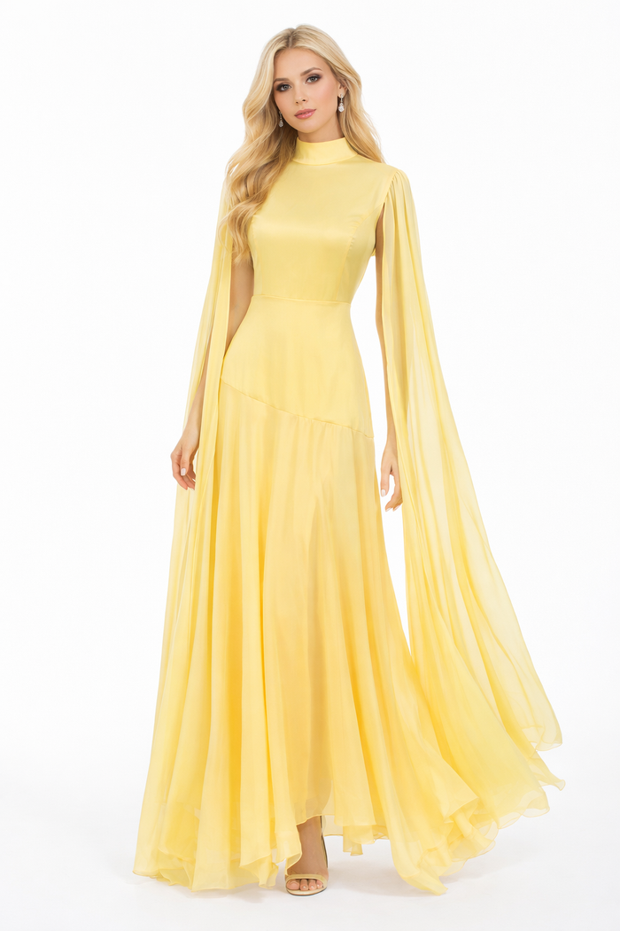 high-neck chiffon cape sleeve midi dress – SUNLIGH