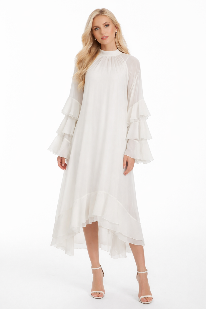 high-neck layered ruffle sleeve midi dress – BREEZE