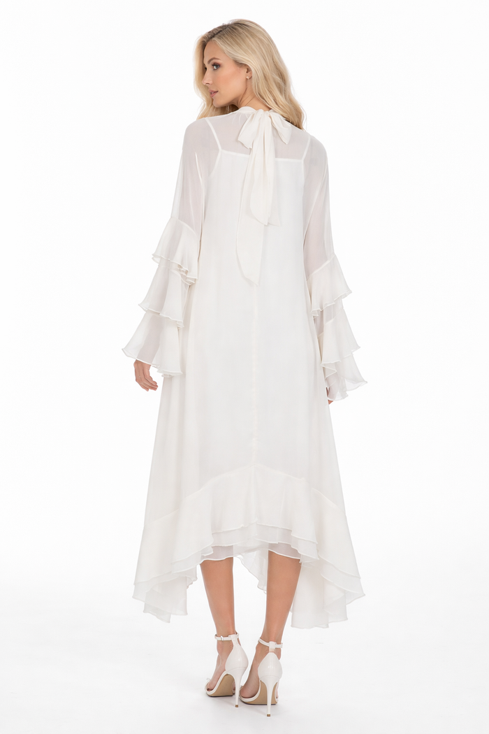 high-neck layered ruffle sleeve midi dress – BREEZE
