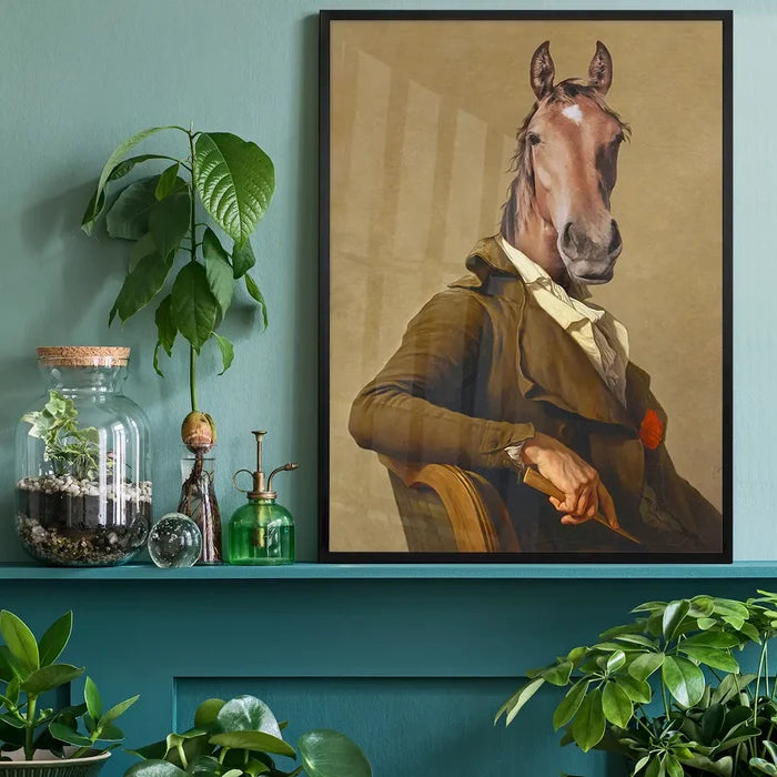 Horse Head Portrait Print, quirky altered art print black framed on a living room shelf