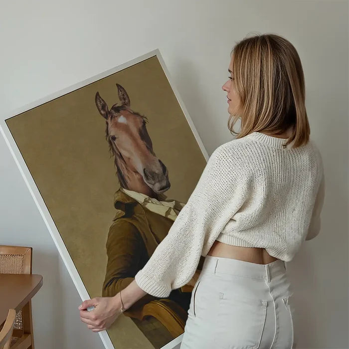 Horse Head Portrait Print held up against a living room wall