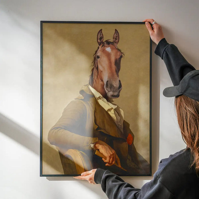 Horse Head Portrait Print being hung on a wall in a black frame