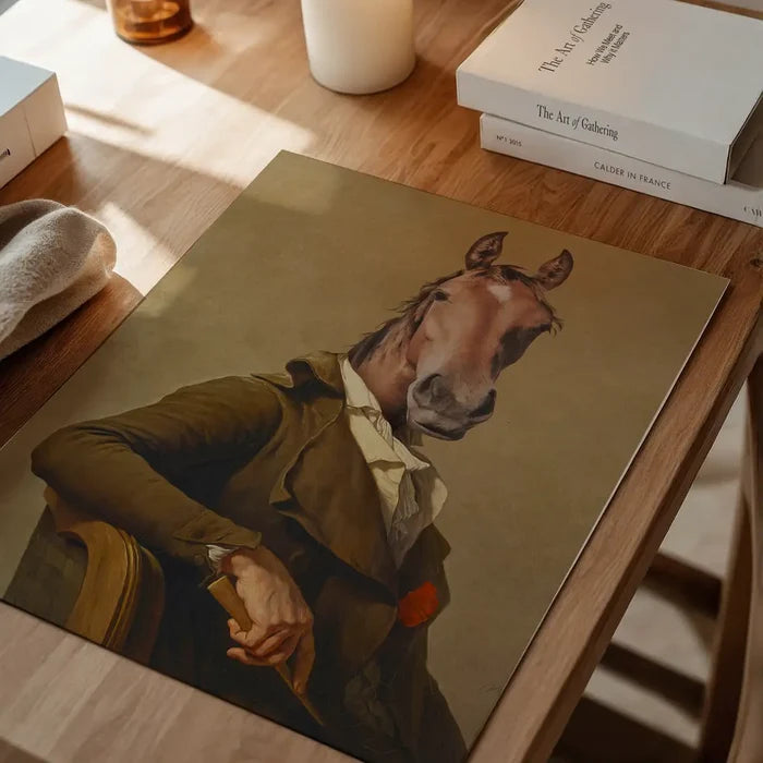 Horse Head Portrait Print, quirky altered art print unframed on a home office desk