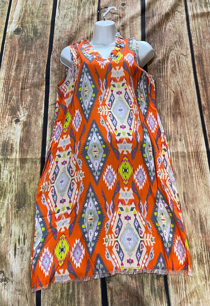 Ikkat Orange Sleeveless Dress