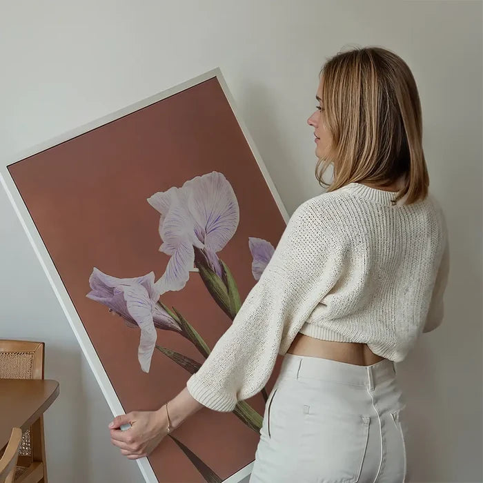 Iris Kaempferi Ogawa Kazumasa Flowers Print held up against a living room wall