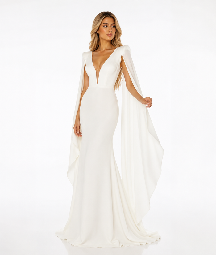 Ivory Cape Evening Gown – Elara