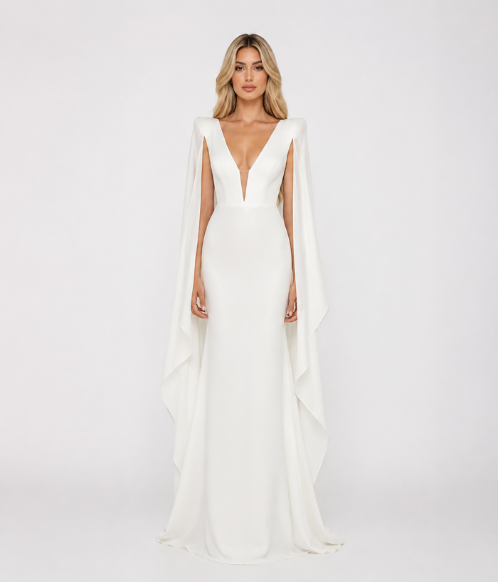 Ivory Cape Evening Gown – Elara