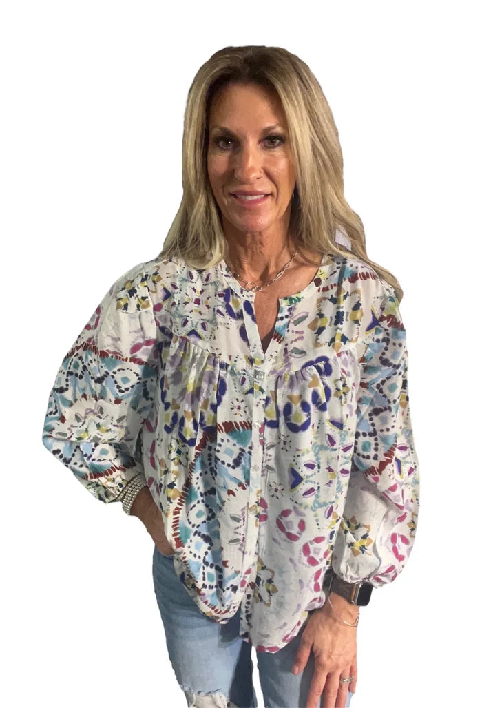 Ivory Printed Long Sleeve Blouse