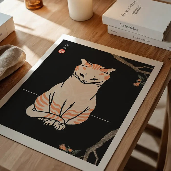 Japanese Cat Vintage Antique Style Print, Japanese woodblock print unframed on a home office desk