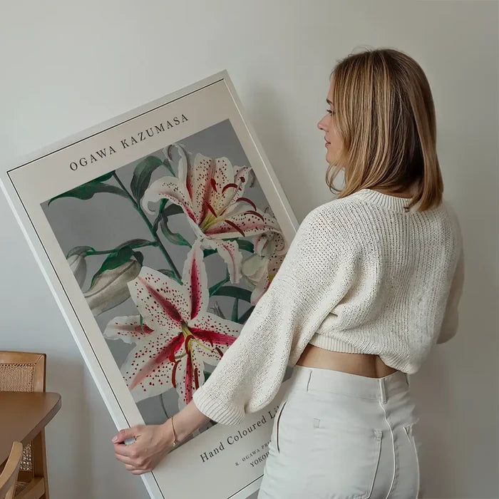 Japanese Flowers Ogawa Kazumasa Flowers Print held up against a living room wall
