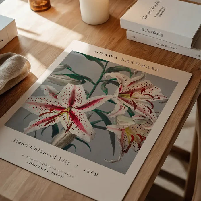 Japanese Flowers Ogawa Kazumasa Flowers Print, Japanese woodblock print unframed on a home office desk