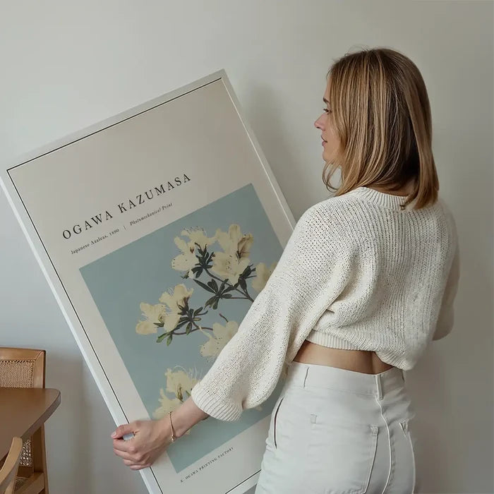 Japense Azaleas Ogawa Kazumasa Flowers Print held up against a living room wall
