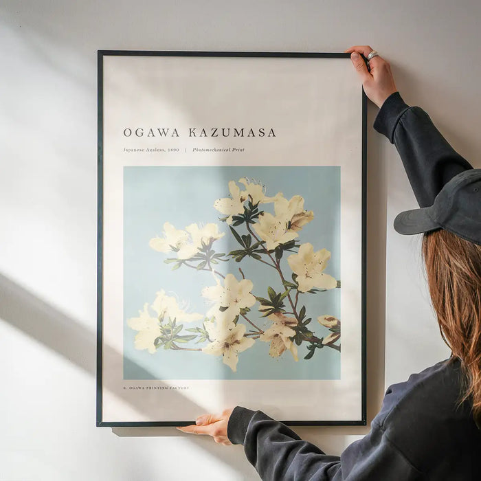 Japense Azaleas Ogawa Kazumasa Flowers Print being hung on a wall in a black frame